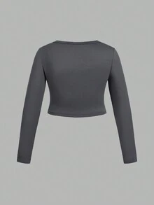 SHEIN EZwear 3pcs Women Plus Size Black, White, Gray U-Neck Tight Cropped Long Sleeve T-Shirts, Versatile Casual Undershirts, Outerwear, Suitable For Autumn/Winter, Back To School - Multicolor - View 10