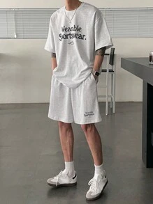 DAZY 2pcs/Set Men Letter Print T-Shirt And Shorts Set - Grey - View 1