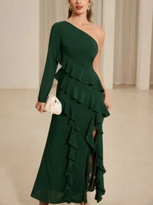 Aveloria Women's One Shoulder Long Sleeve Ruffle Hem Slit Dress, Suitable For Valentine's Day, Spring And Summer Fall Cloth For Women - Dark Green - View 4