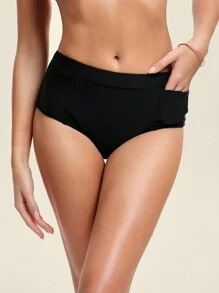 Swim Basics 夏季高腰女式比基尼泳裤，带实用口袋 - 黑色 - 查看 1