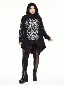 ROMWE Goth 大码女式哥特式不对称下摆棉质连帽运动衫，带口袋