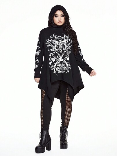 Goth Plus Size Women Gothic Asymmetrical Hem Cotton Hooded Sweatshirt With Pockets