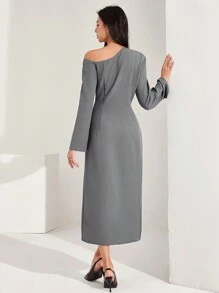 Heiryn Women Contrast Color Asymmetric Neck Long Sleeve Elegant Dress - Grey - View 5