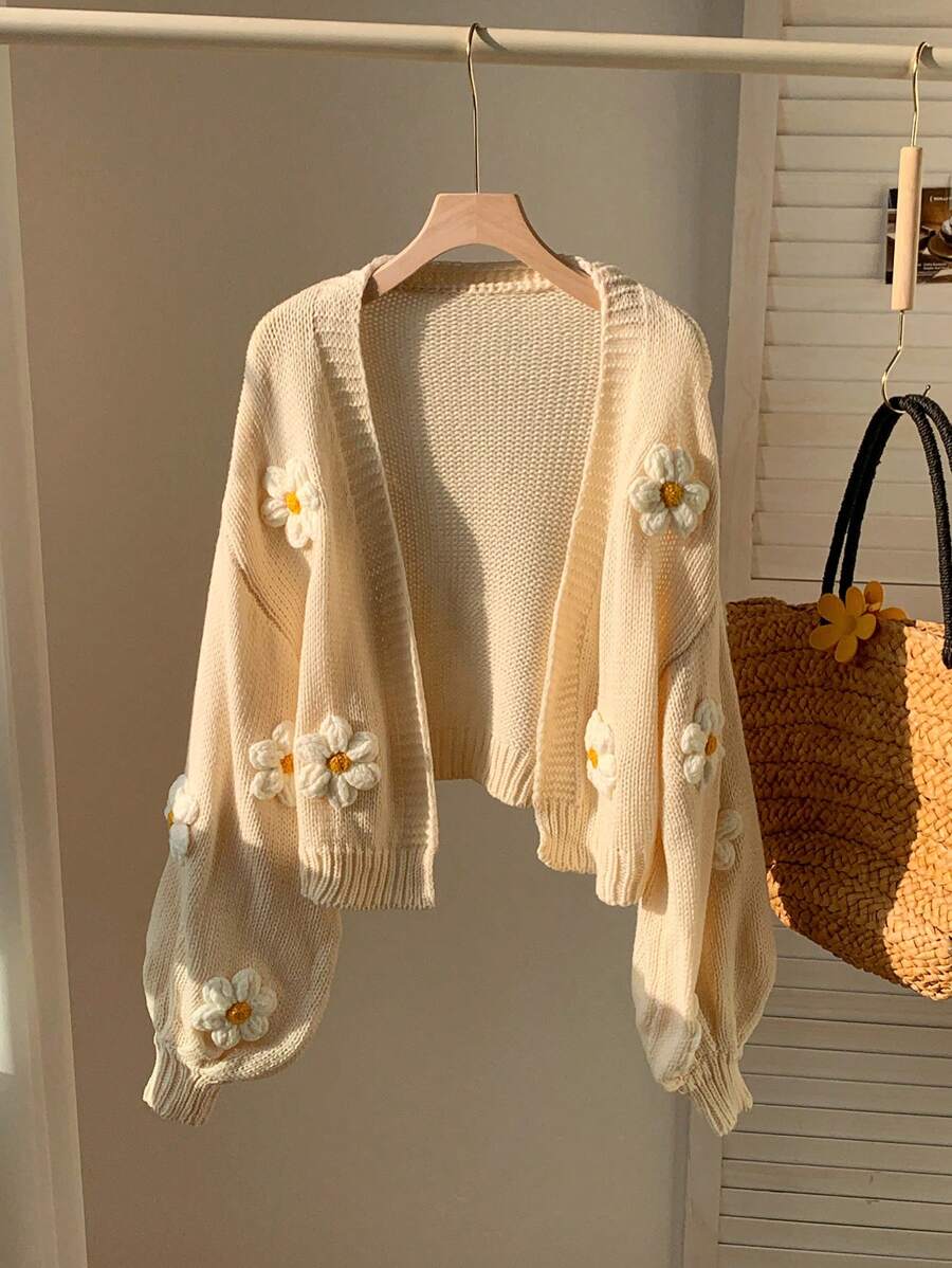 Comfortcana Spring/Fall Casual 3D Flower Decor Lantern Sleeve Cardigan - Apricot - View 1