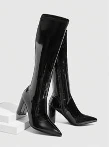 CUCCOO SZL 时尚黑色漆皮及膝靴，适合通勤、约会、聚会、度假、新年假期 - 黑色 - 查看 3