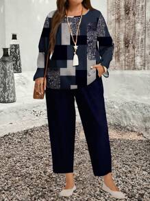 EMERY ROSE 2pcs/Set Casual Minimalist All-Over Print Top And Solid Color Pants, Plus Size
