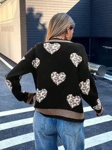 Chiquease Cárdigan negro de mujer con cuello redondo, diseño de corazón y leopardo, y decoración de lazo - Multicolor - Ver 2