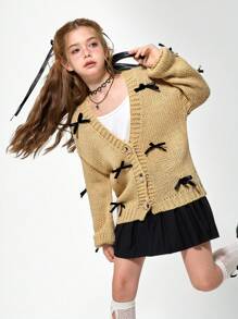 SHEIN 少女針織開襟衫，寬鬆版型黑色蝴蝶結裝飾開襟衫，適合秋季，可愛返校假期日常穿著，派對與萬聖節 - 卡其色 - 查看 6