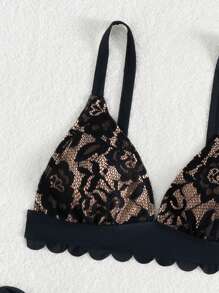 Swim Vcay 2pcs Women Beach Outfits - Lace Shell Trim Spaghetti Strap Tie-Up Bikini Set For Summer Beach Vacation - Black - View 6