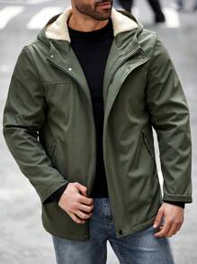 Manfinity Homme 大码男士纯色长袖保暖内衬连帽宽松休闲夹克，秋冬季外出连帽绿色夹克，适合朋友、丈夫、男朋友的礼物