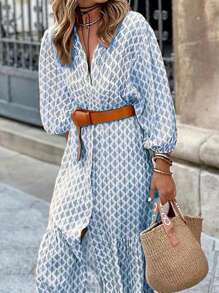 SHEIN LUNE Đầm dài tay in họa tiết thời trang cho nữ - Màu xanh nhạt - Xem 3