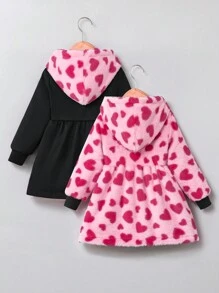 SHEIN Young Girls Fashionable Reversible Heart Pattern Plush Hooded Zipper Jacket - Hot Pink - View 2