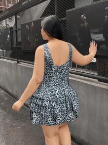 SHEIN EZwear Plus Size Casual Leopard Print Ruffle Hem Sleeveless Dress - Grey - View 2