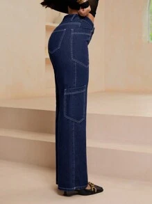 SHEIN Essnce Pantalones cargo rectos informales para mujer - Azul lavado oscuro - Ver 5