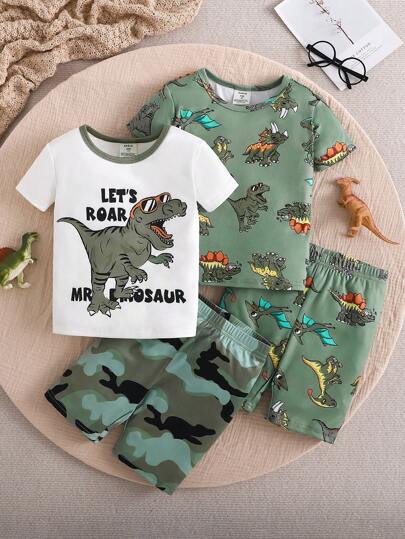 SHEIN Young Boy Snug Fit Dinosaur & Camouflage Pattern Summer Casual And Comfortable Short Sleeve & Shorts Knit Homewear Pajama Set, 4pcs