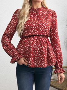 SHEIN Maternity Ditsy Floral Frill Trim Blouse Autumn - Burgundy - View 5