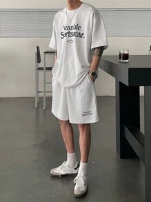 DAZY 2pcs/Set Men Letter Print T-Shirt And Shorts Set - Grey - View 6