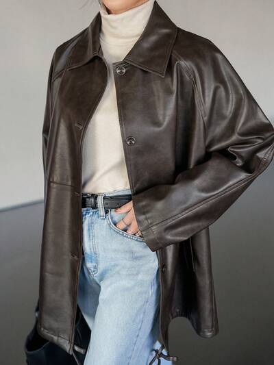 Damska luźna kurtka ze ściągaczem PU, jesienne ubrania biznesowe, codzienne ubrania robocze, skórzana kurtka damska, płaszcze