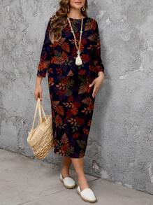 SHEIN LUNE Conjunto de 2 piezas de camiseta de manga de murciélago con cuello redondo y falda con estampado de hojas de arce, adecuado para otoño/invierno, talla grande