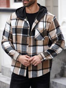 Manfinity CasualMax Plus Size Men's Casual Plaid Drawstring Hooded Shacket, Autumn/Winter