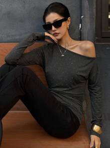 DAZY 女士优雅肩部缀饰亮片长袖T恤，秋季女装 - 灰色 - 查看 5