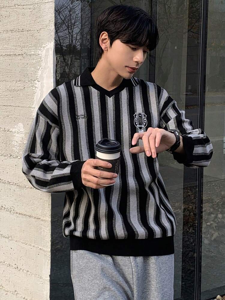 Men's Striped Casual Pullover Sweater, Minimalist Fashion For Everyday Wear,Fall Clothes