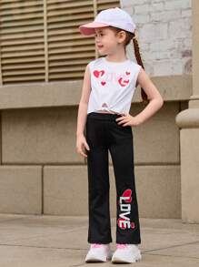 SHEIN Young Girls' Athletic Set, Sleeveless Printed Tank Top + Skinny Flare Stretch Pants, Comfortable For Running, Exercise, Daily Casual, Outdoor Sports - Black and White - View 8