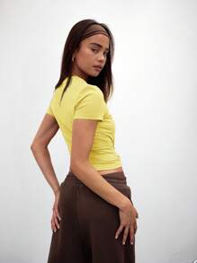 MUSERA Camiseta casual con mangas cortas de verano y primavera, estilo vacacional, tierna, cápsula de armario cotidiano, amarillo para el aeropuerto, días festivos