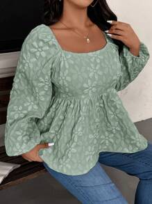 SHEIN Frenchy 女士加大码多臂织布后腰系带设计衬衫，时尚休闲装，秋冬，杏色 - 綠色 - 查看 6