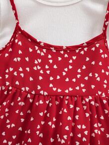 SHEIN Babygirl 可爱波尔卡圆点红色细肩带连衣裙和短袖 T 恤套装，夏季 - 紅白色 - 查看 3