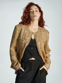 Aveloria Modichic 优雅复古设计纹理串珠刺绣贴袋圆领女式夹克