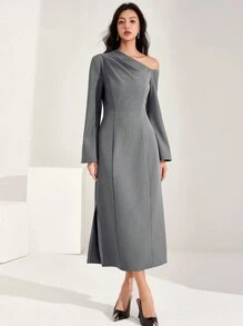 Heiryn Women Contrast Color Asymmetric Neck Long Sleeve Elegant Dress - Grey - View 1
