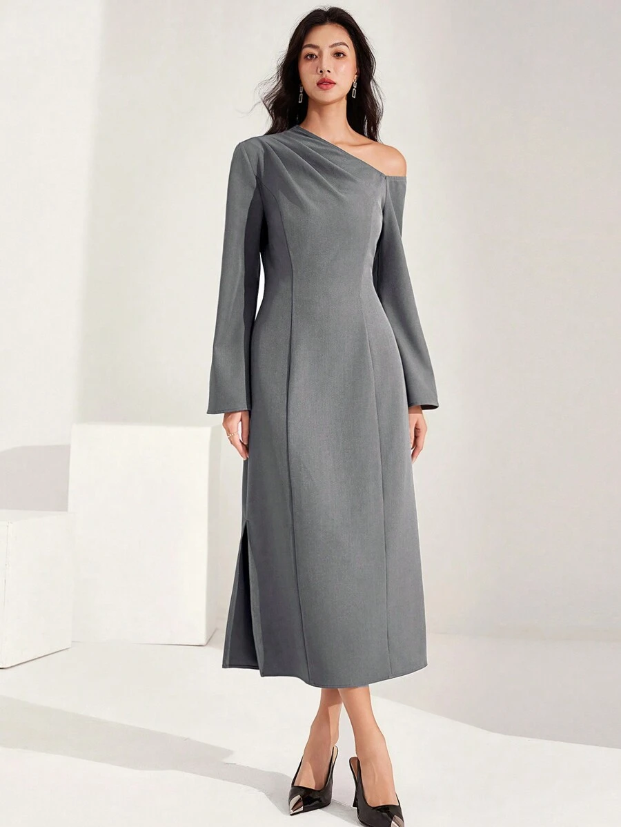 Heiryn Women Contrast Color Asymmetric Neck Long Sleeve Elegant Dress - Grey - View 1
