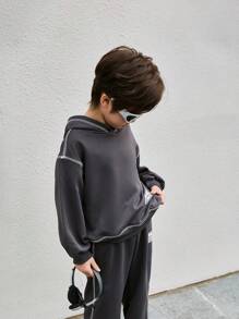 Zestaw 2 szt. w koreańskim stylu, oversize, ciemnoszary, chłopięcy, swobodny, nadruk w litery, kontrastowe wykończenie, wiosenna kurtka i spodnie