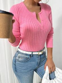 Chiquease Women Elegant Round Neck Button Detail Slim Fit Solid Color Sweater, Autumn/Winter