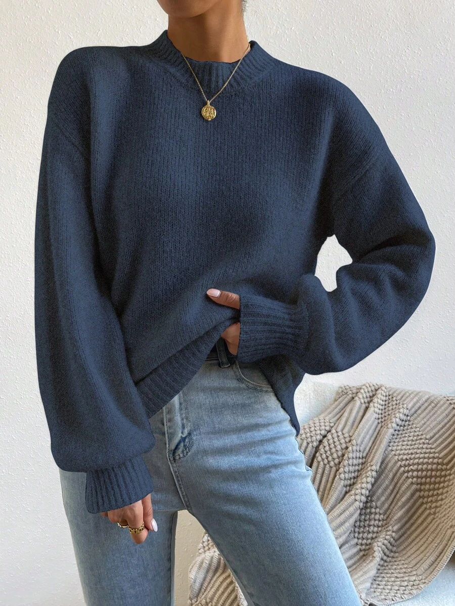 Chiquease Casual Solid Color Drop Shoulder Knit Sweater, Autumn/Winter Knit Pullover Fall - Blue - View 1