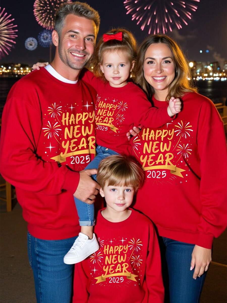 SHEIN 年轻男孩休闲日常舒适“2025 年新年快乐”烟花风景印花厚针织长袖运动衫，适合秋冬季 - 紅色 - 查看 1