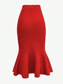 Chiquease Stylish & Elegant Solid Color Ruched Mermaid Skirt - Red - View 2