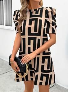 SHEIN Clasi 女士优雅黑棕色几何图案羊腿袖圆领宽松 A 字短款休闲迷你连衣裙