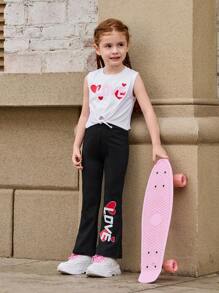 SHEIN Young Girls' Athletic Set, Sleeveless Printed Tank Top + Skinny Flare Stretch Pants, Comfortable For Running, Exercise, Daily Casual, Outdoor Sports - Black and White - View 1