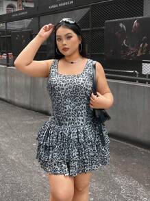 SHEIN EZwear Plus Size Casual Leopard Print Ruffle Hem Sleeveless Dress - Grey - View 1