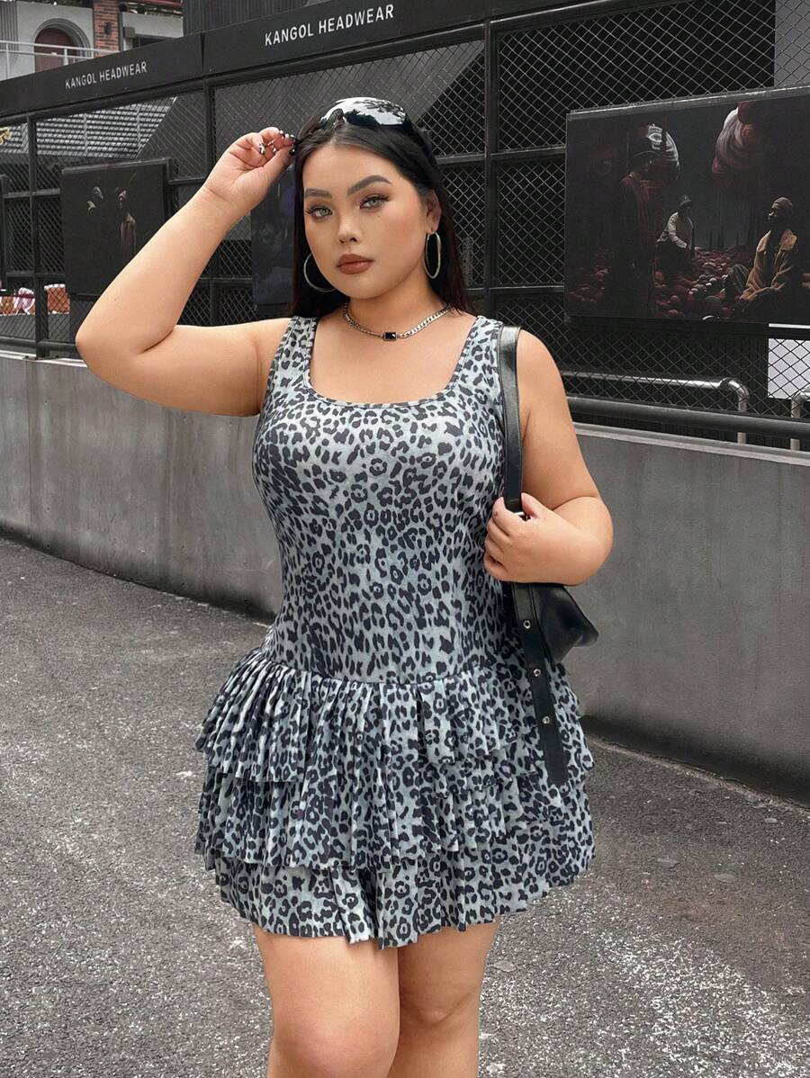 SHEIN EZwear Plus Size Casual Leopard Print Ruffle Hem Sleeveless Dress - Grey - View 1