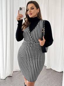 SHEIN Essnce Plus Size Women's Spring Autumn And Winter Fashion Elegant And Comfortable Black And White Deep V-Neck Houndstooth Slim Vest Short Dress,Office Wear,Work Dress,Bodycon,Cute Dress,Curve Clothes,Classy Outfits, Women Clothes,Business Casual Woman