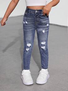 SHEIN Young Girls Blue Denim Ripped Jeggings, Girl Fall Jeans - Light Wash - View 2