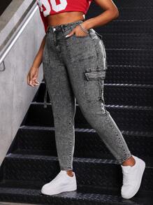SHEIN EZwear Jeans de talla grande en negro, pantalones cargo casuales de mezclilla elástica y entallados