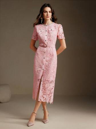 Anewsta Pink Lace New Party Birthday Dress For Valentine's Day