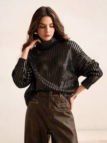 Anewsta High-End French Style Gold Foil Embellished Crew Neck Sweater Knit Pullover Fall Winter Sweater - Gold - View 4