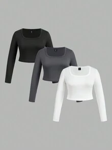 SHEIN EZwear 3pcs Women Plus Size Black, White, Gray U-Neck Tight Cropped Long Sleeve T-Shirts, Versatile Casual Undershirts, Outerwear, Suitable For Autumn/Winter, Back To School - Multicolor - View 1