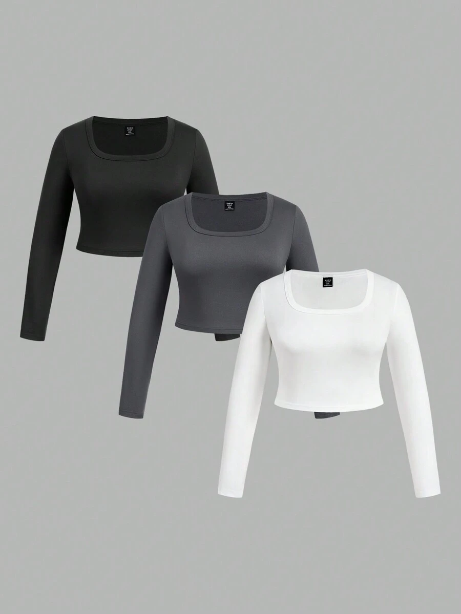 SHEIN EZwear 3pcs Women Plus Size Black, White, Gray U-Neck Tight Cropped Long Sleeve T-Shirts, Versatile Casual Undershirts, Outerwear, Suitable For Autumn/Winter, Back To School - Multicolor - View 1