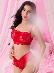 ROMWE Romantic Sexy Lace Wire-Free Bra Set - Red - View 5